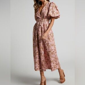 AMALIE THE LABEL FRANC LINEN PUFF SLEEVE WRAP MIDI LINEN DRESS